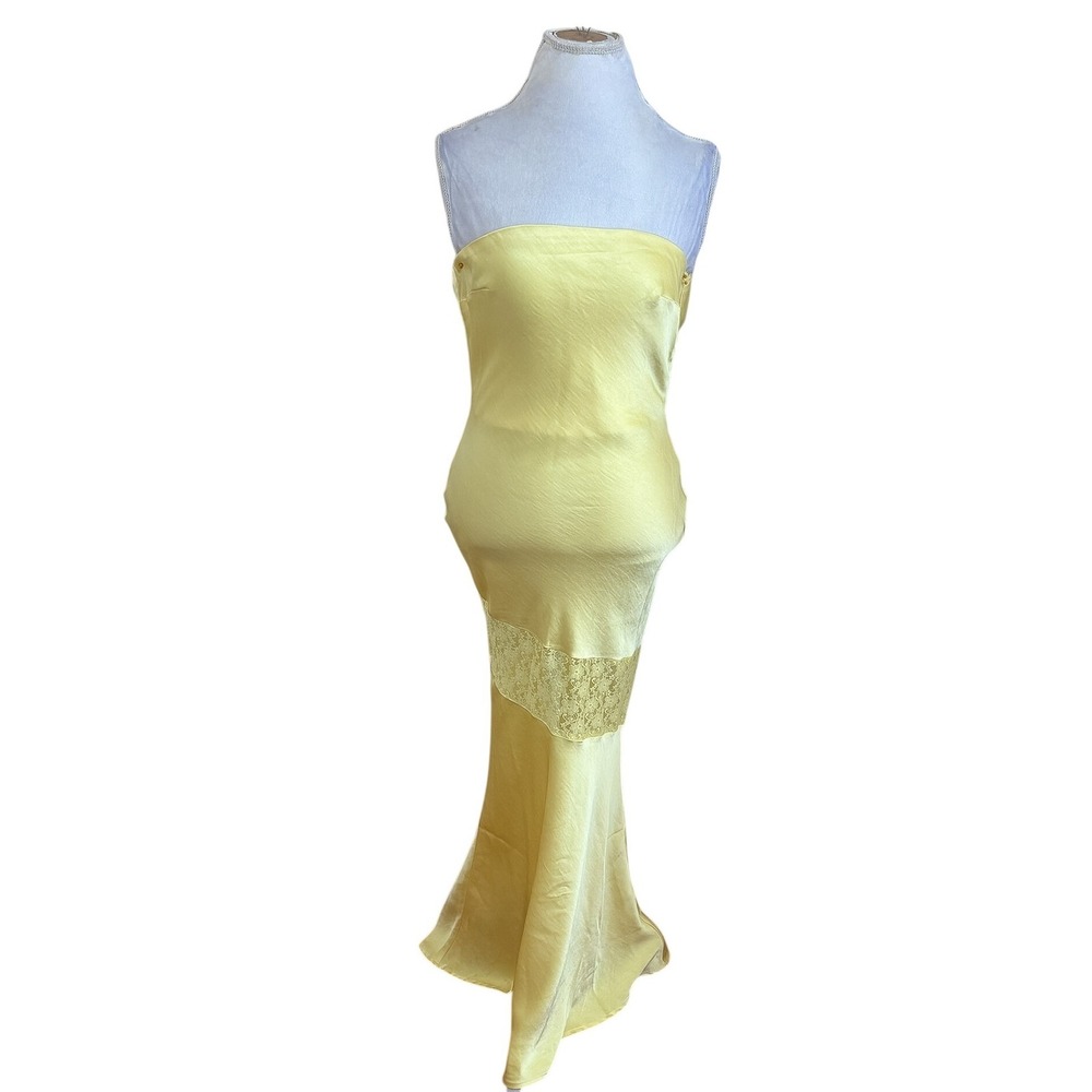 COMMENSE Strapless Cowl Back Maxi Dress XS Yellow Lace Satin Formal Gala Event